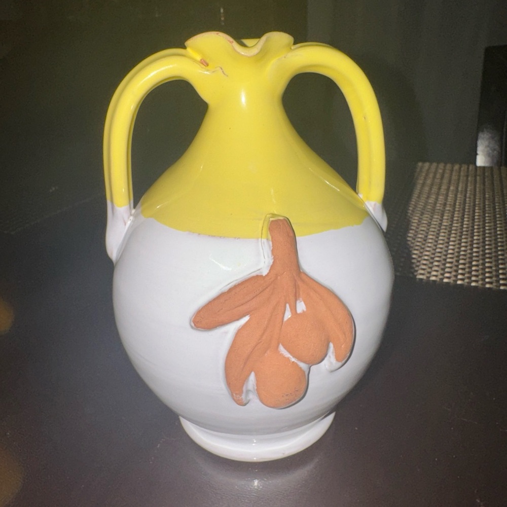 Yellow and White Ceramic Decorative Vase with Terracotta Accent - Unbranded